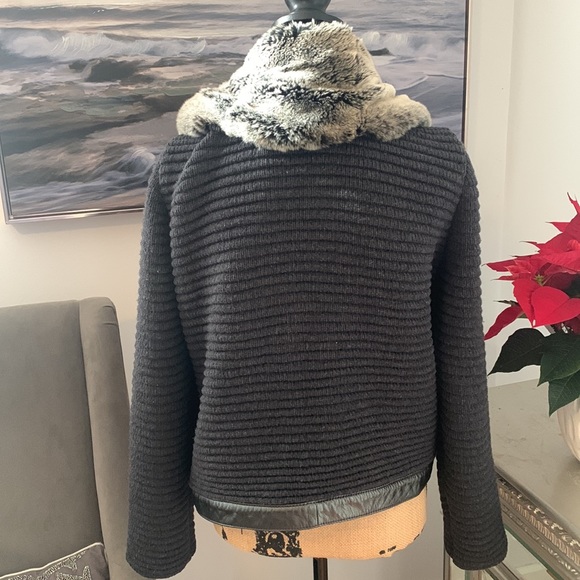 ST. JOHN Designer fur Coat Jacket Leather Wool Rabbit Gray S 4 6 Luxury - Picture 5 of 14